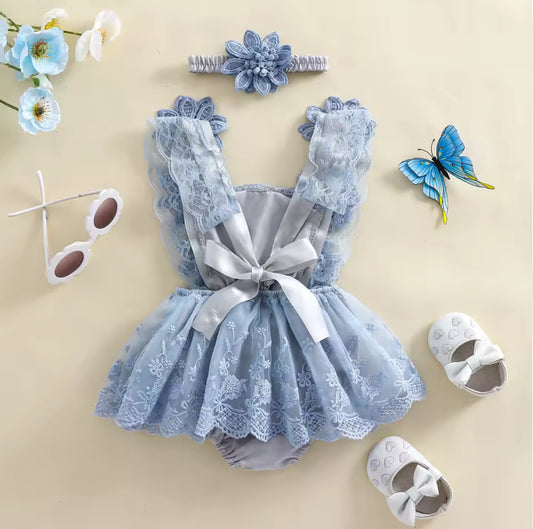 Body Vestido Azul con Flores 3D y Encaje – Incluye Vincha