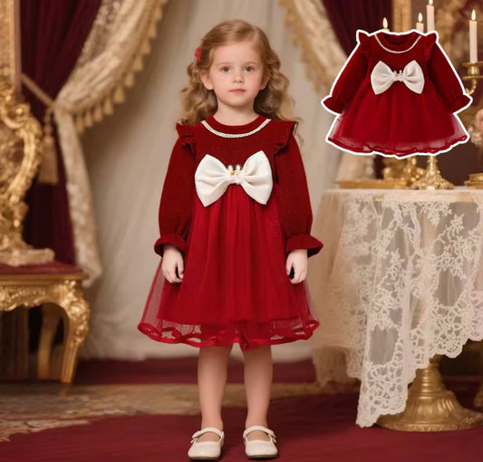 Vestido Rojo de Tul con Lazo Perlado – Manga Larga