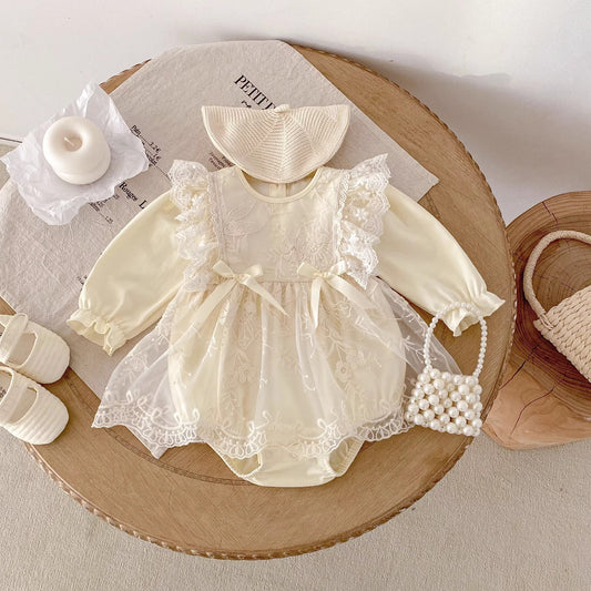 Vestido de Encaje Marfil con Bordado Floral y Lazos