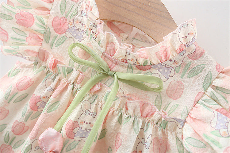 Vestido Estampado de Conejitos y Tulipanes con Lazo Verde