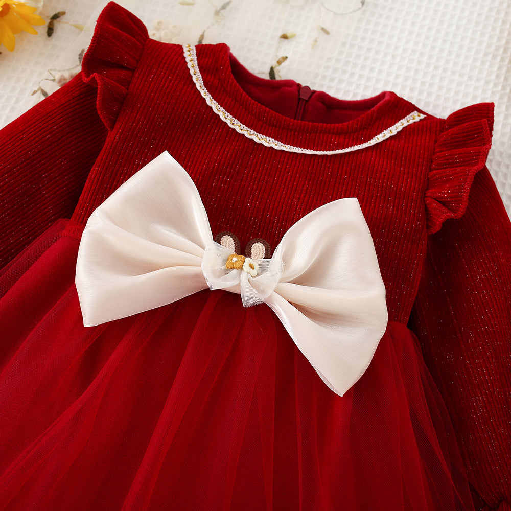 Vestido Rojo de Tul con Lazo Perlado – Manga Larga