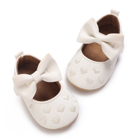 Zapatos Blancos con Moño y Corazones Bordados para Bebé Niña
