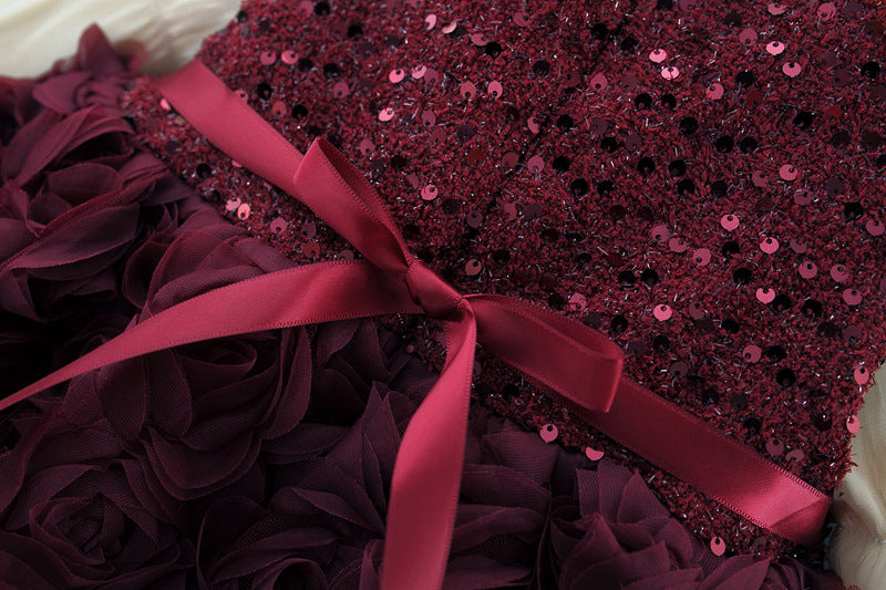 Vestido Burdeos Rosas 3D con Lazo Elegante