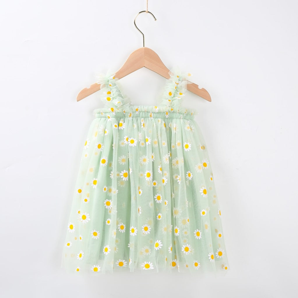 Vestido Verde Pastel con Tul Bordado de Margaritas – Tirantes con Volantes