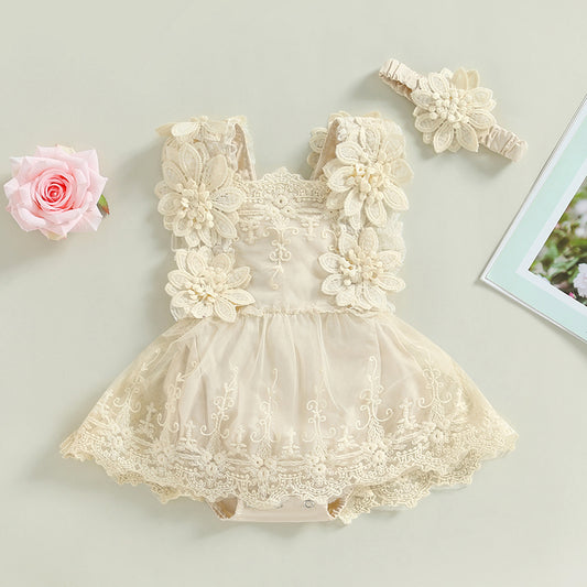 Vestido de Encaje Beige con Flores 3D + Vincha