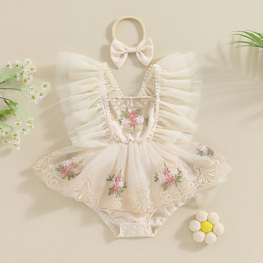 Enterizo de Encaje Floral con Tul Volado – Incluye Vincha