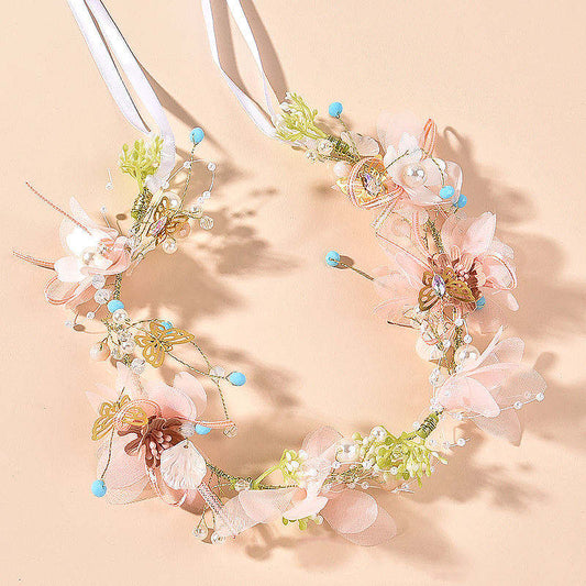 Diadema Floral con Mariposas Doradas y Cinta – Modelo Garden Whisper