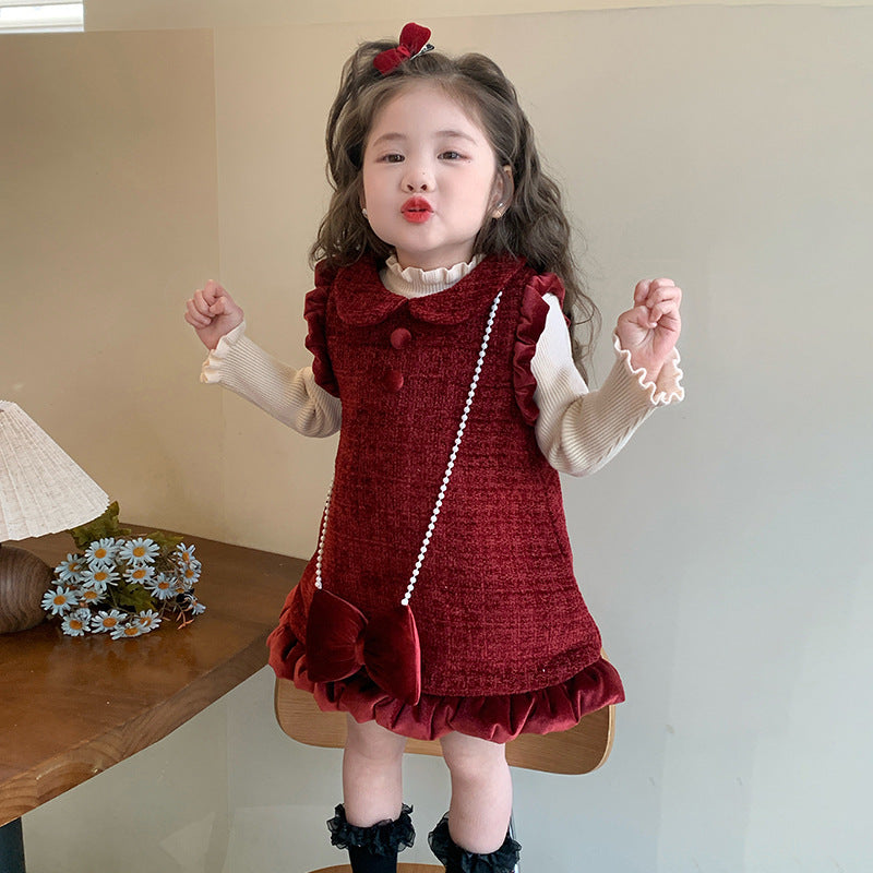 Vestido Burdeos con Volantes y Bolso de Lazo – Estilo Clásico para Niña