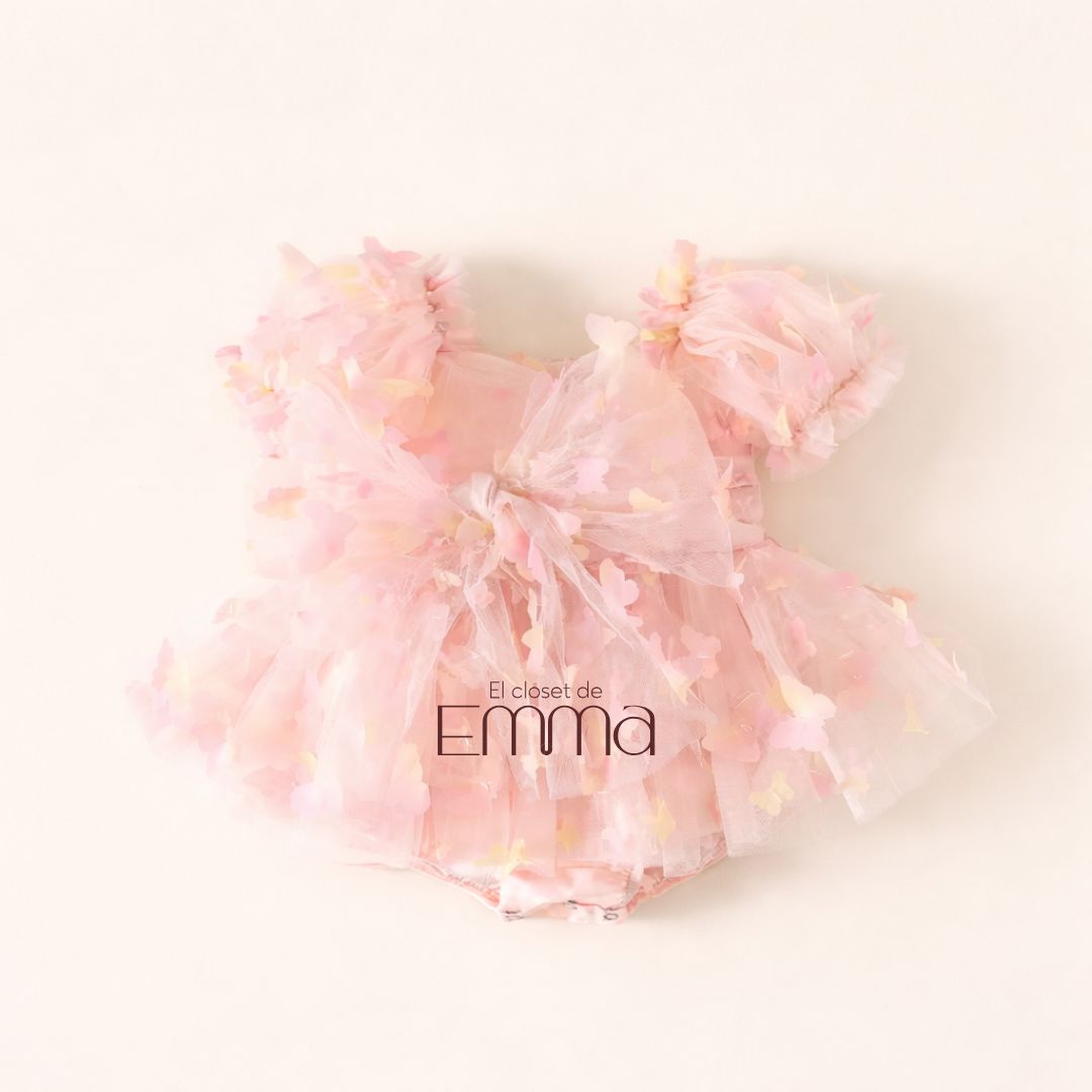 Vestido Tul Rosado con mariposas en 3D con Lazo – Ocasiones Especiales