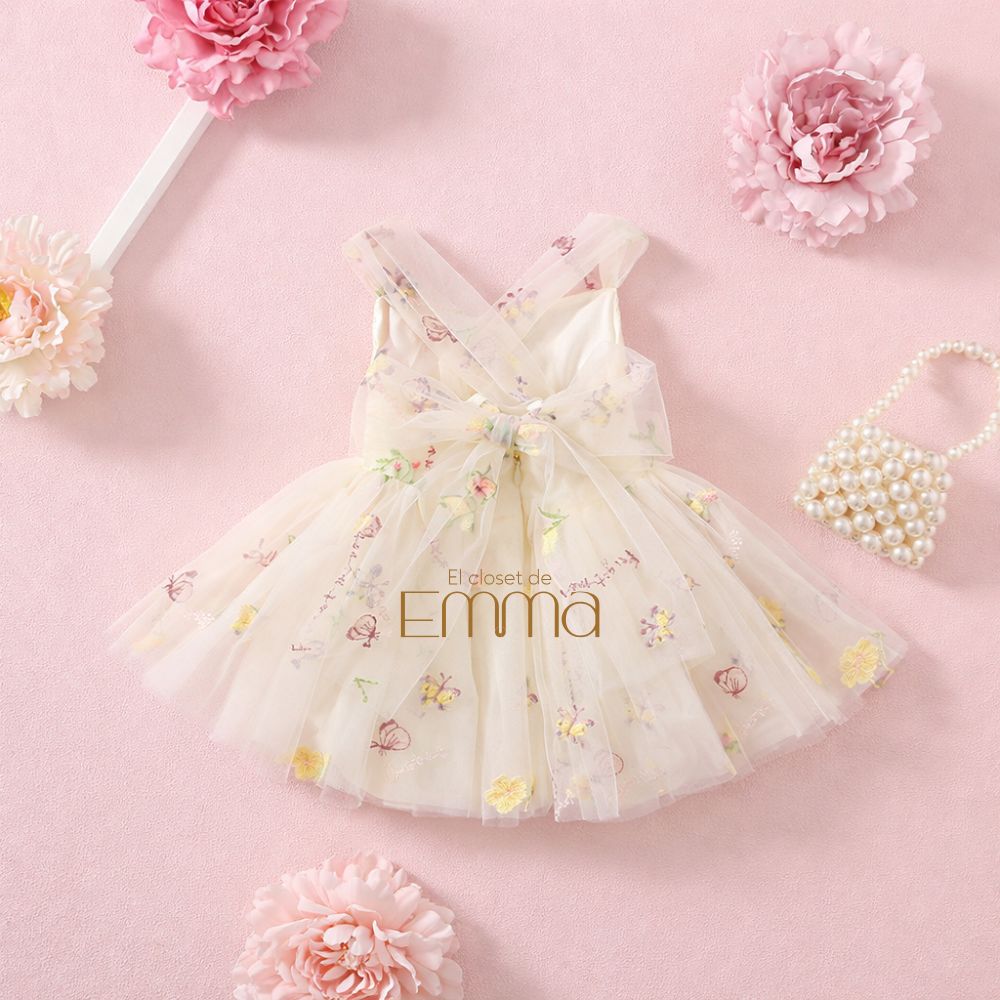 Vestido Floral Crema Tul Bordado – Edición Primavera