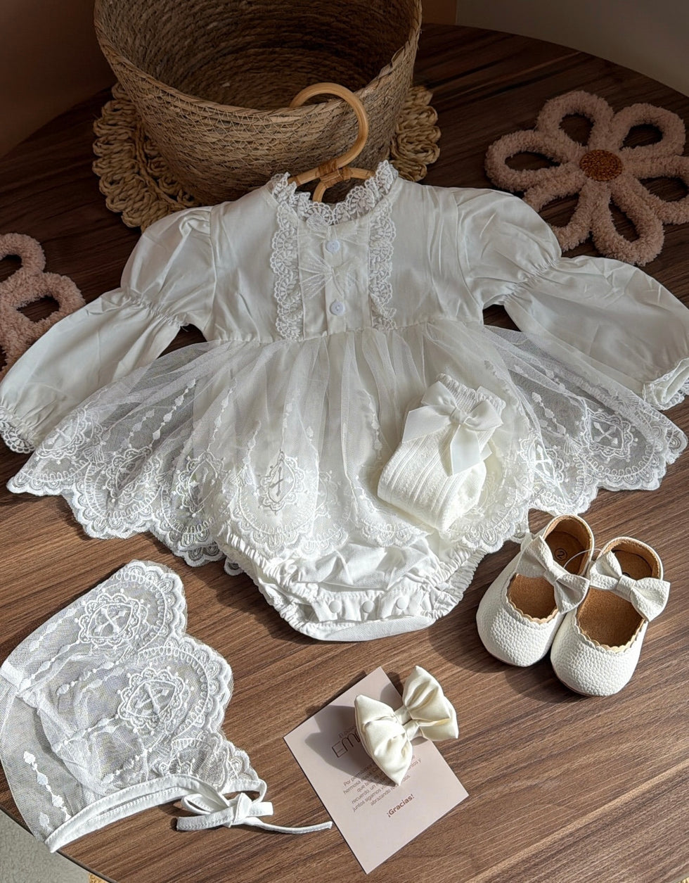 Outfit completo Conjunto con gorro Encaje Clásico con Capota – Edición Bautizo