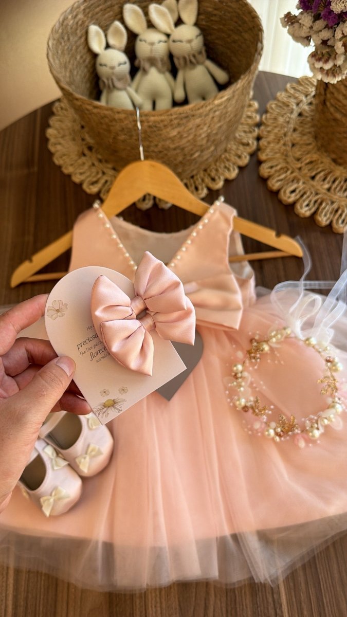 Outfit Elegante para Bebé Niña en Tono rosa con Vestido de Tul, Zapatos y Tiara | El Clóset de Emma | | Ropa de bebé y niña | El Closet de Emma