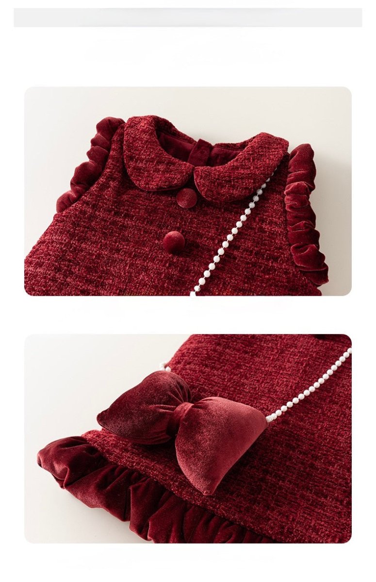 Vestido Burdeos con Volantes y Bolso de Lazo – Estilo Clásico para Niña | | Ropa de bebé y niña | El Closet de Emma