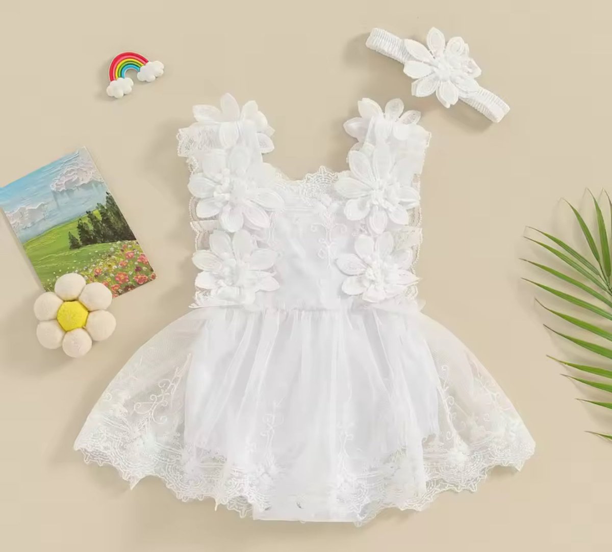 Enterizo con Encaje Floral 3D y Vincha – Blanco Elegante | Vestido de Encaje | Ropa de bebé y niña | El Closet de Emma Imagen principal del producto