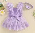 Enterizo con Encaje Floral 3D y Vincha – Tono Lila Elegante