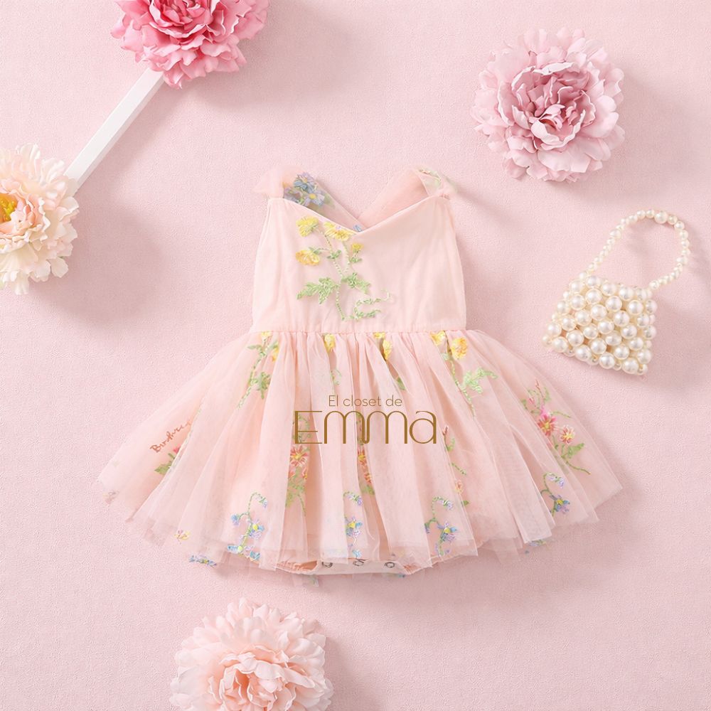 Vestido Floral Rosa Pastel Tul Bordado – Edición Primavera