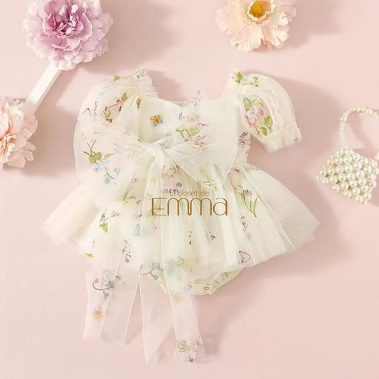 Vestido Marfil Hada Floral con Lazo de Tul y Bordados