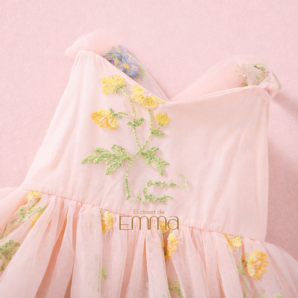 Vestido Floral Rosa Pastel Tul Bordado – Edición Primavera