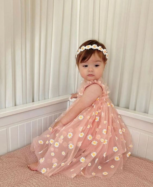 Vestido Flores de Primavera para Bebé – Tul Rosado con Margaritas