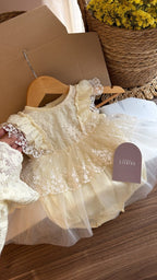 Outfit Vintage para Bebé Niña en Marfil | Vestido de Encaje con Tul, Zapatos, Medias, Tiara y Vincha de Flores | | Ropa de bebé y niña | El Closet de Emma