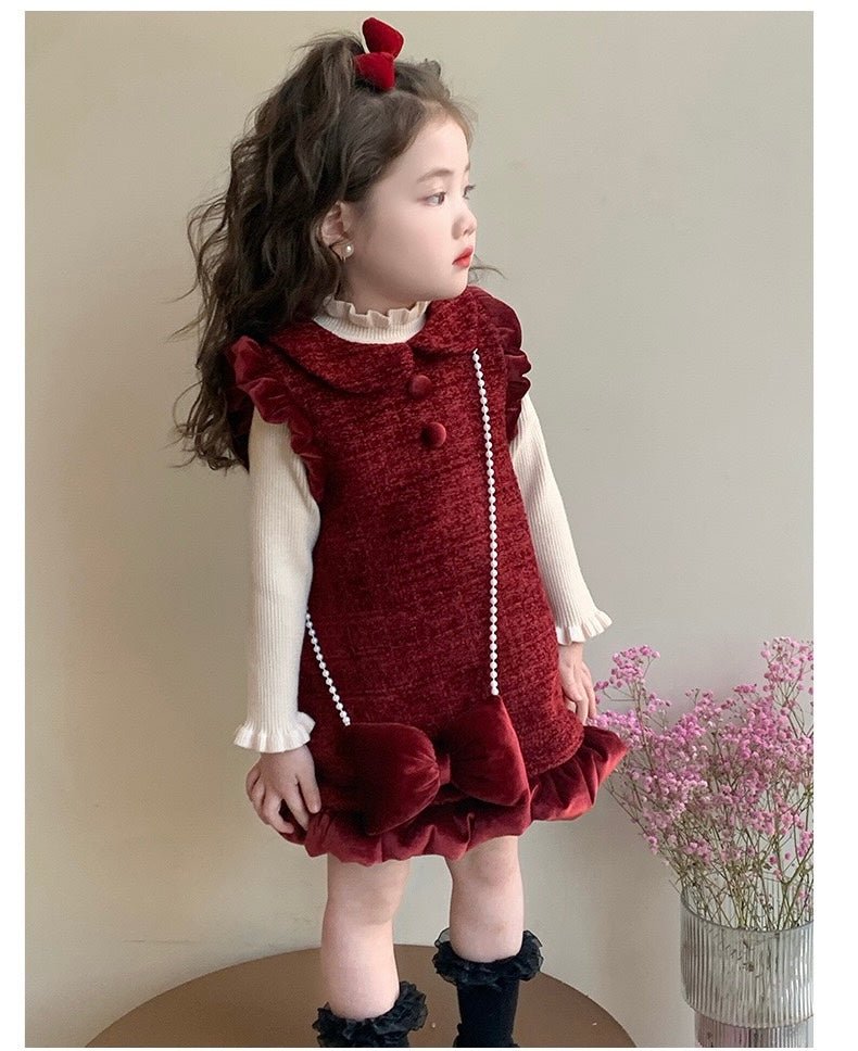 Vestido Burdeos con Volantes y Bolso de Lazo – Estilo Clásico para Niña | | Ropa de bebé y niña | El Closet de Emma