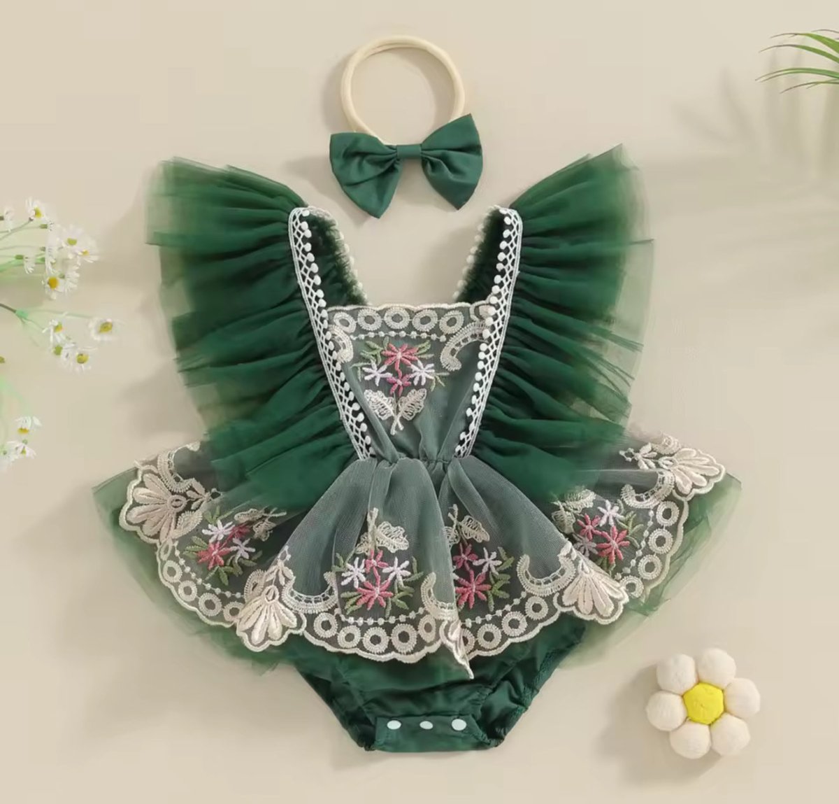 Vestido pelele verde con bordados | Vestido de Encaje | Ropa de bebé y niña | El Closet de Emma Imagen principal del producto