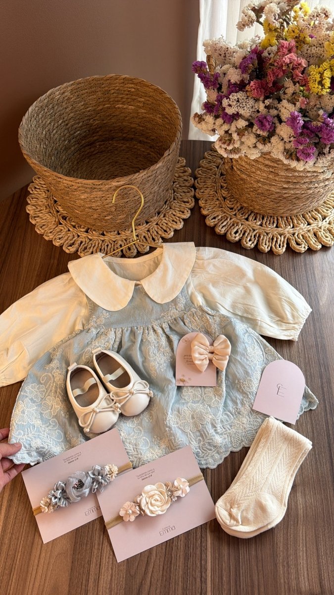 Vestido outfit Dulce Herencia Celeste | | Ropa de bebé y niña | El Closet de Emma