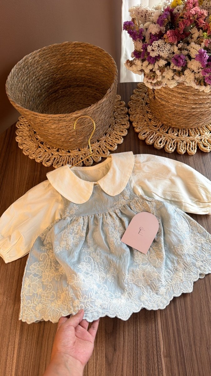 Vestido outfit Dulce Herencia Celeste | | Ropa de bebé y niña | El Closet de Emma