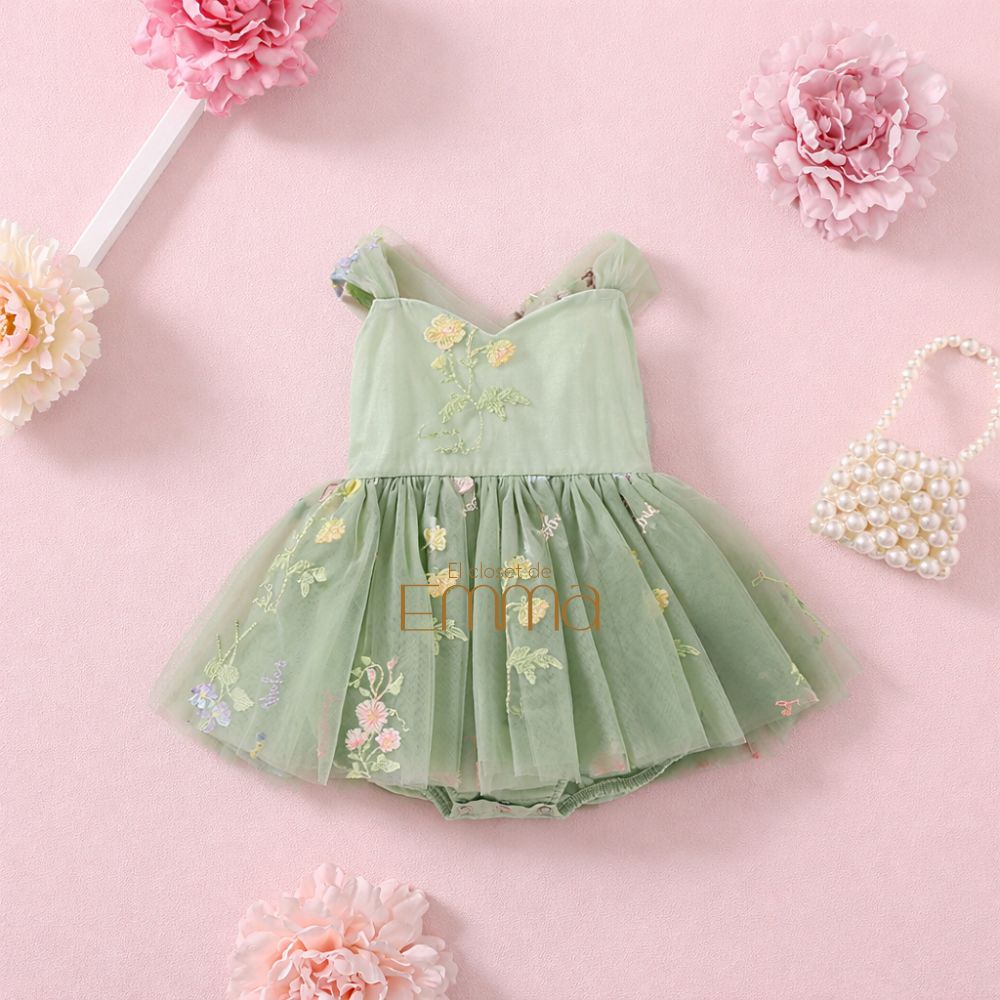 Vestido Floral Verde Salvia Tul Bordado – Edición Primavera Imagen principal del producto