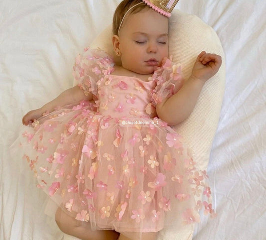 Vestido Rosado de Tul con Flores 3D | Fiesta y Fotos