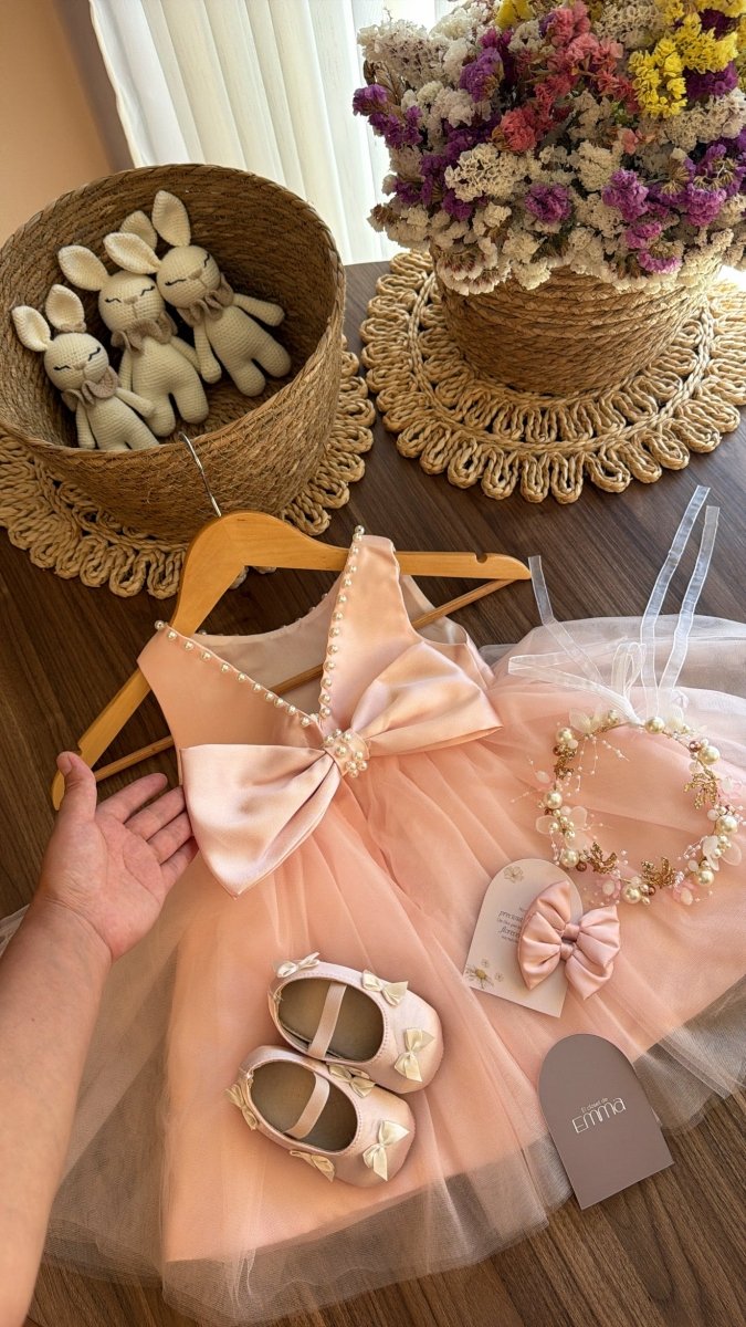 Outfit Elegante para Bebé Niña en Tono rosa con Vestido de Tul, Zapatos y Tiara | El Clóset de Emma | | Ropa de bebé y niña | El Closet de Emma