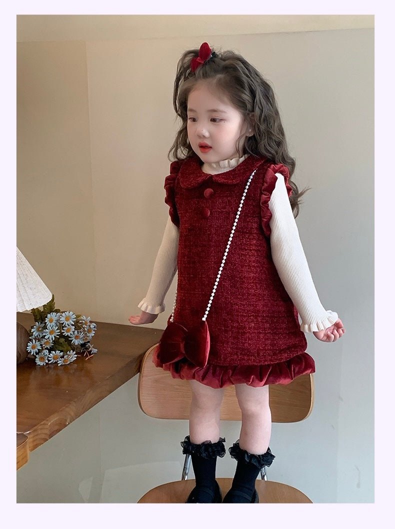 Vestido Burdeos con Volantes y Bolso de Lazo – Estilo Clásico para Niña Imagen secundaria del producto