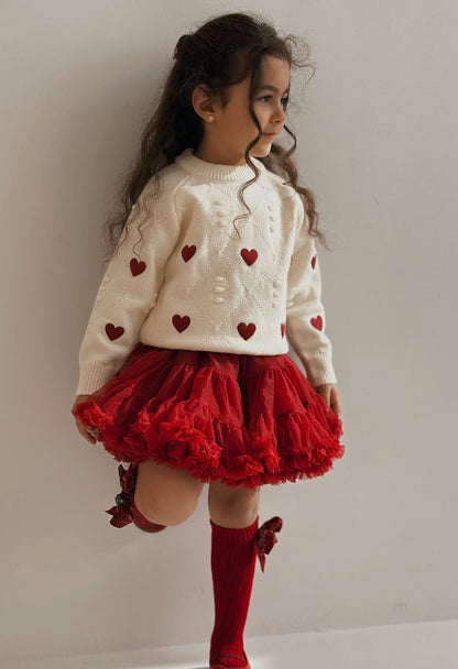 Conjunto Sweater Corazones con Falda Tul – Rojo Amor
