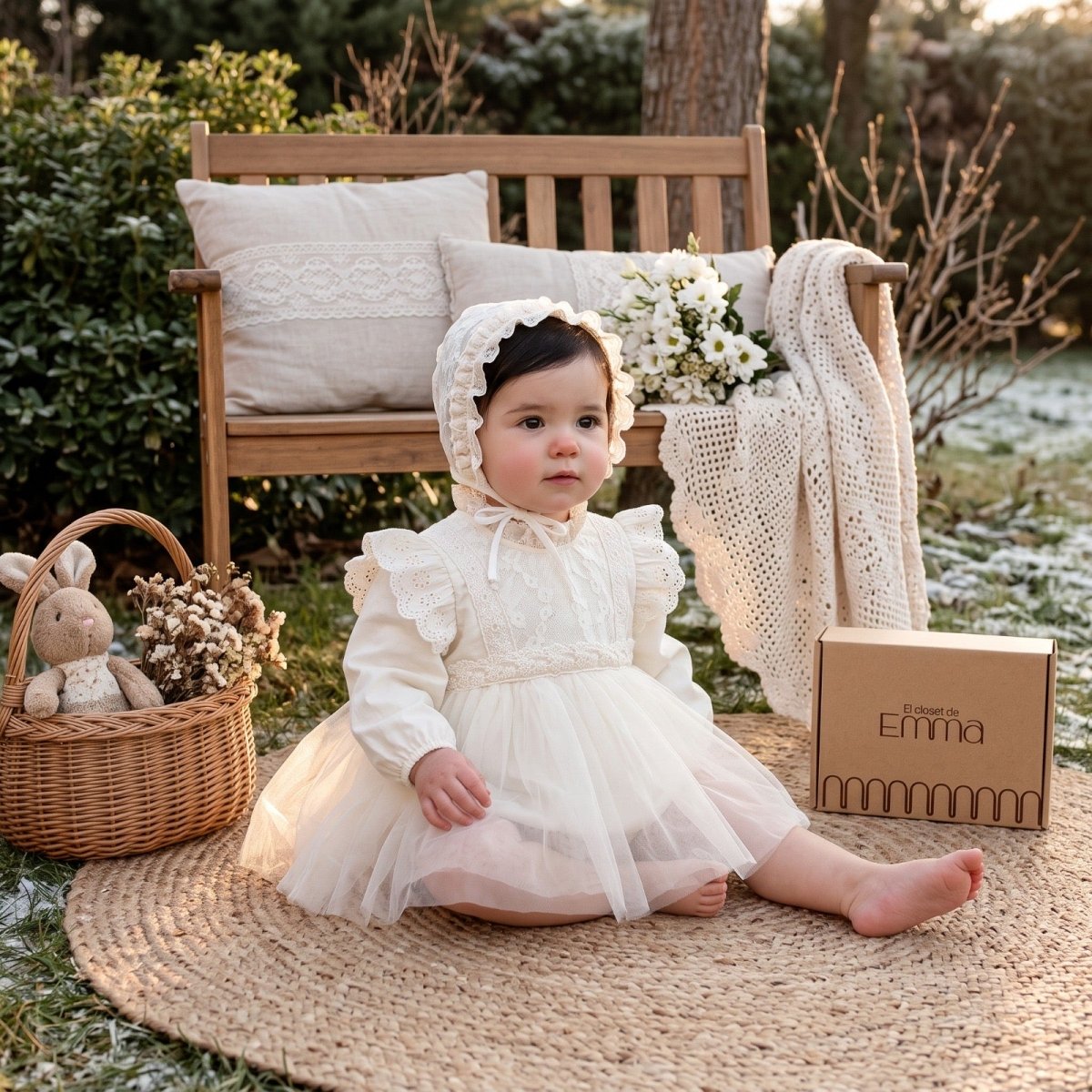 Vestido Body Manga Larga con Falda de Tul y Gorro a Juego para Bebé Niña | Vestido de Encaje | Ropa de bebé y niña | El Closet de Emma