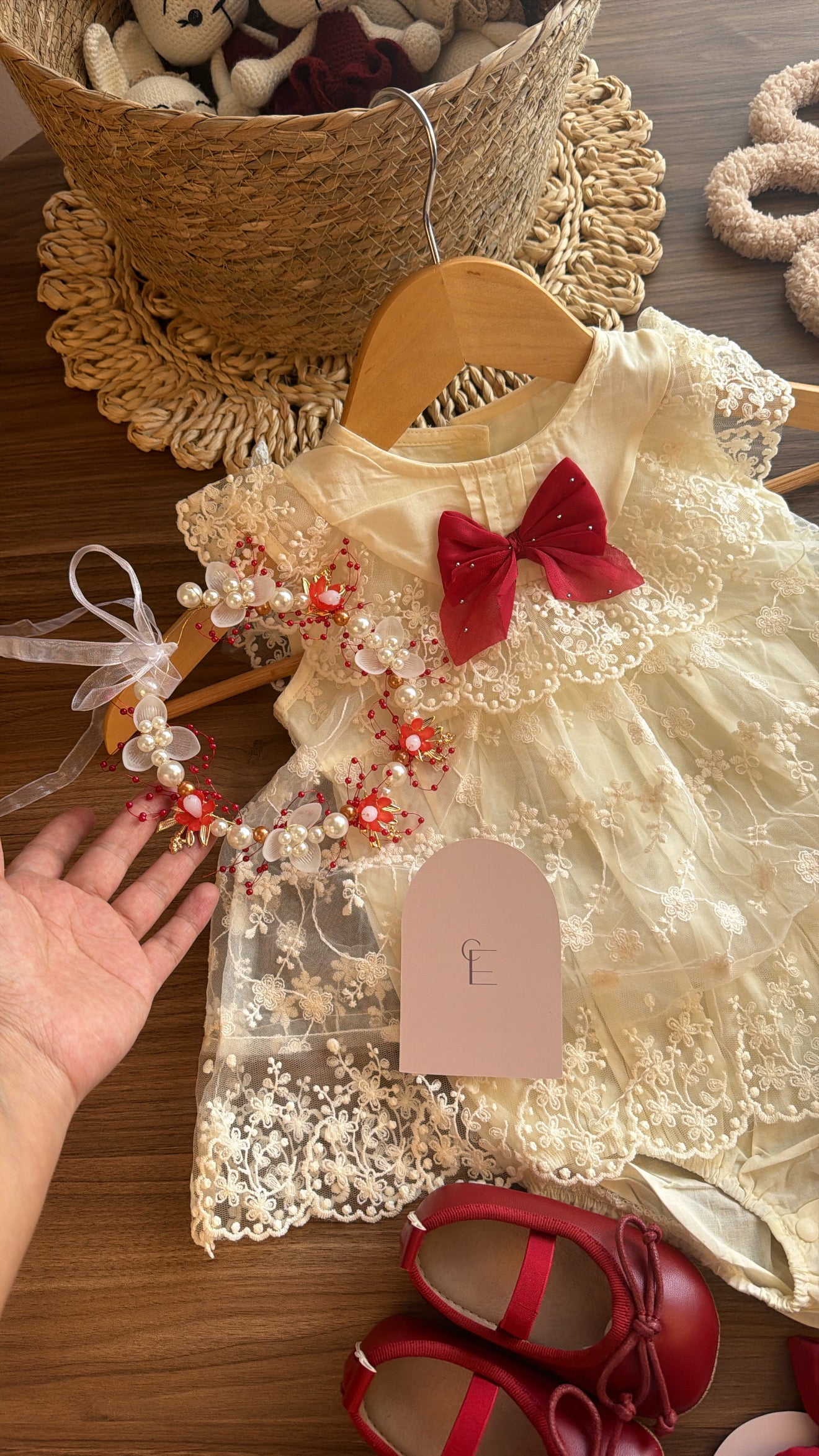 Vestido Vintage para Bebé 1 Año – Marfil y Borgoña