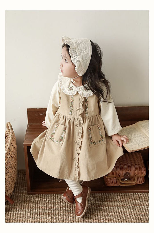 Vestido Beige con Bordado Floral Vintage