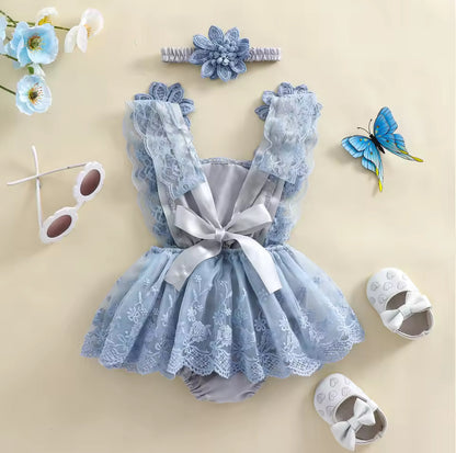 Body Vestido Azul con Flores 3D y Encaje – Incluye Vincha