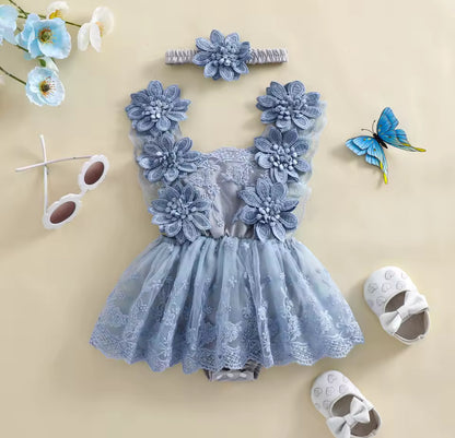 Body Vestido Azul con Flores 3D y Encaje – Incluye Vincha