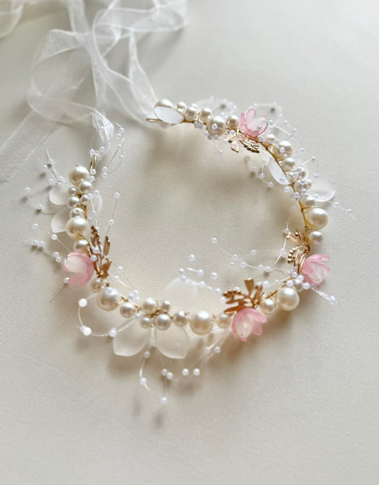 Diadema Floral Perla rosa