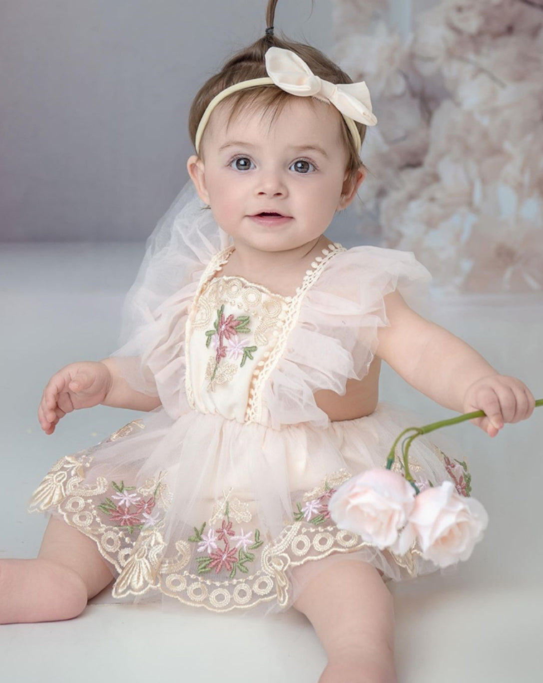 Enterizo de Encaje Floral con Tul Volado – Incluye Vincha