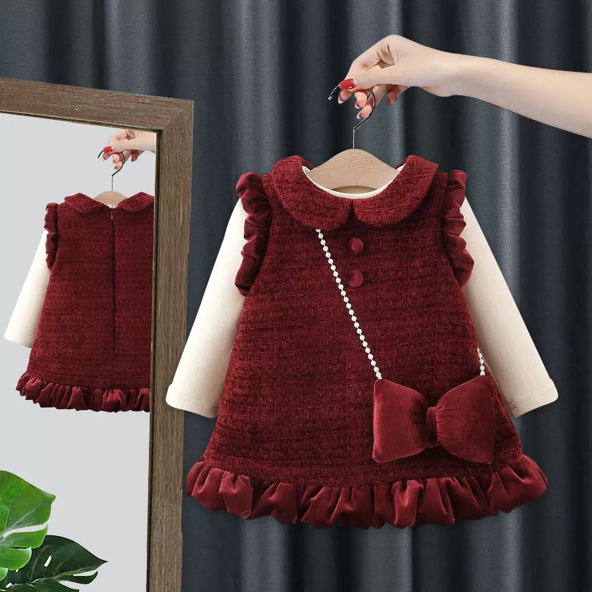 Vestido Burdeos con Volantes y Bolso de Lazo – Estilo Clásico para Niña Imagen principal del producto
