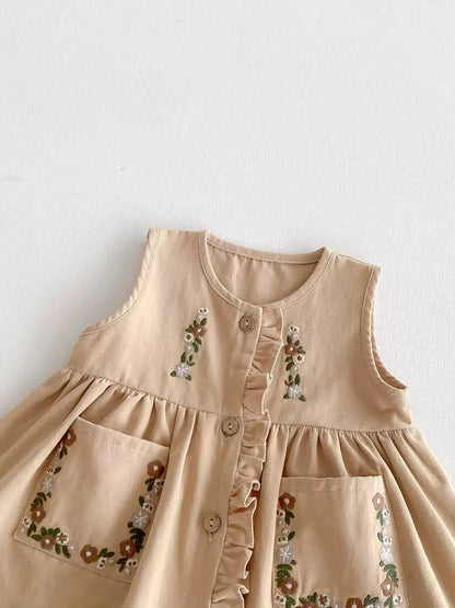 Vestido Beige con Bordado Floral Vintage