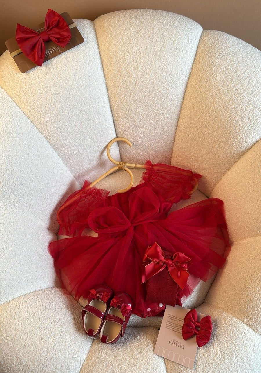 Outfit completo Vestido Rojo de Tul con Lazo – Colección Dulce Navidad