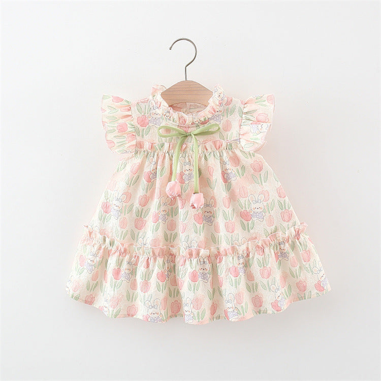 Vestido Estampado de Conejitos y Tulipanes con Lazo Verde