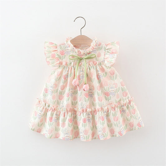 Vestido Estampado de Conejitos y Tulipanes con Lazo Verde