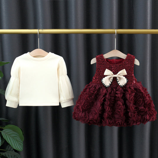 Vestido Burdeos Rosas 3D con Lazo Elegante