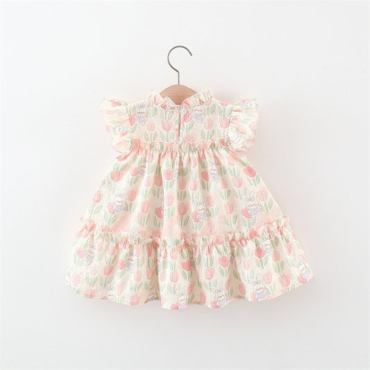 Vestido Estampado de Conejitos y Tulipanes con Lazo Verde