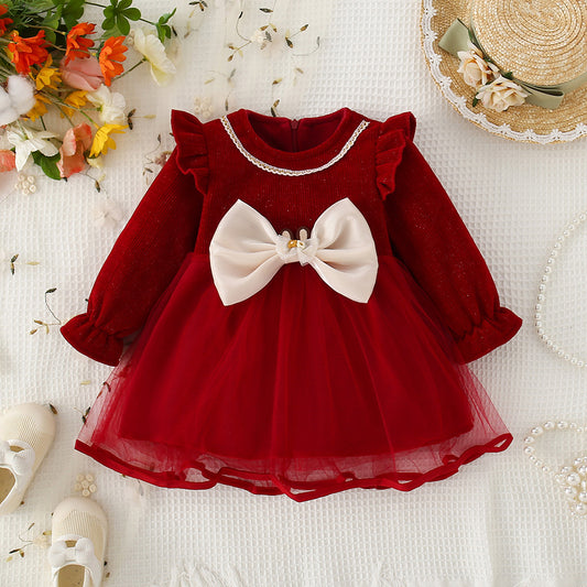 Vestido Rojo de Tul con Lazo Perlado – Manga Larga