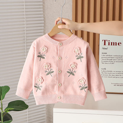 Cárdigan Rosa con Flores Bordadas en 3D
