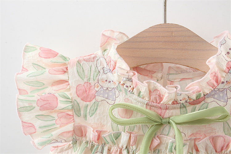 Vestido Estampado de Conejitos y Tulipanes con Lazo Verde